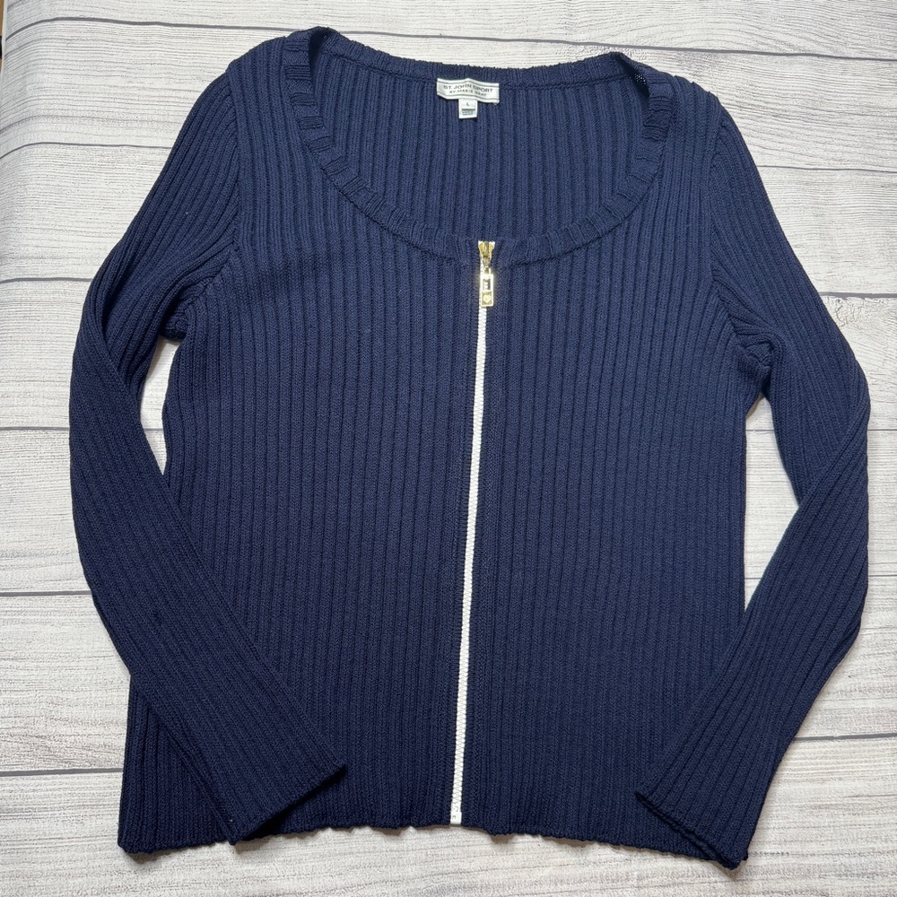 St. John Sport Zip Up Ribbed Cardigan Sweater Wool Blend Size Large Navy Blue